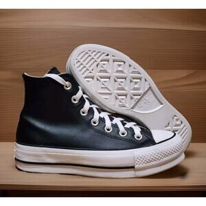 Converse Women Size 5.5 CTAS Lift Platform Leather Hi Casual Black/White 561675C